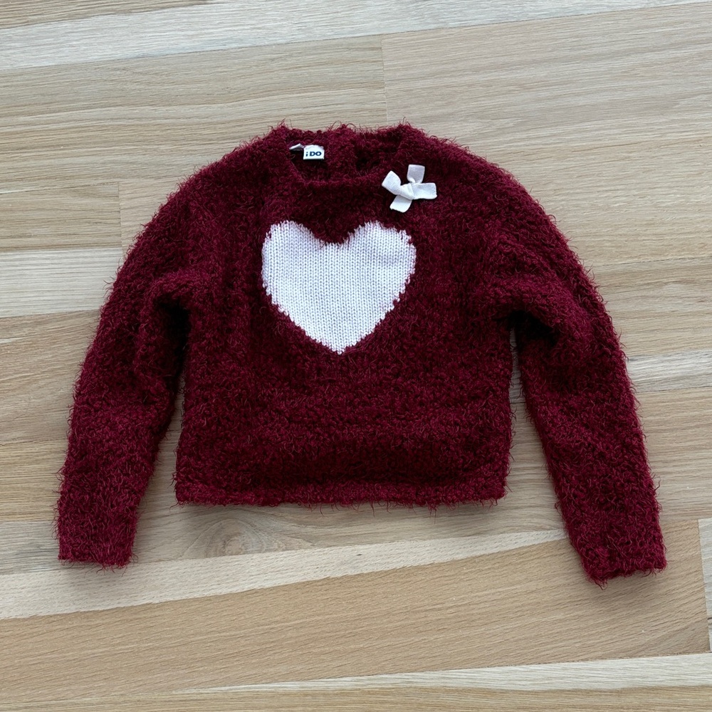 iDO Girl’s Red Fluffy Heart Sweater with Bow Accent